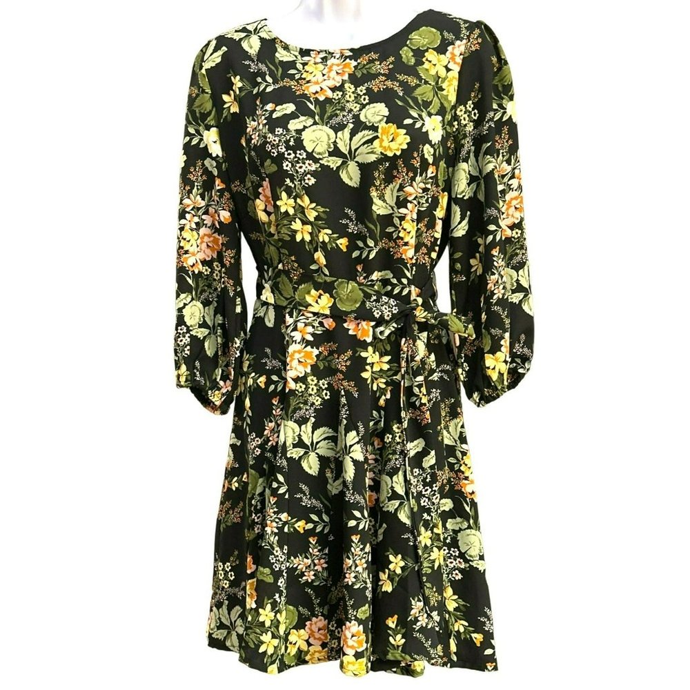 Sugarlips Women's Black Floral Night Bloom Balloon Sleeve Derby Dress Size Large